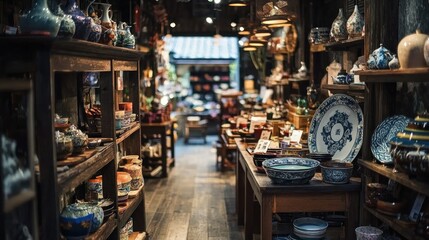 Naklejka premium Antique Porcelain and Pottery Shop: A Glimpse into Traditional Craftsmanship