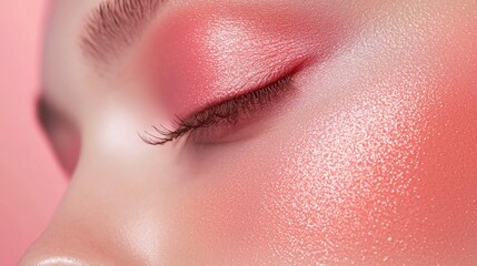 Close-up of a woman's eye with delicate pink makeup, highlighting the shimmer and texture of the eyeshadow and blush.  Soft lighting enhances the beauty.