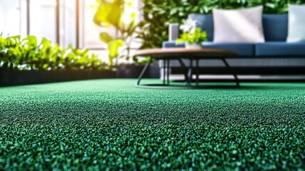 Obraz premium Green artificial turf, outdoor lounge, plants, sunlight