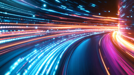 Obraz premium A futuristic stream of data with an explosive visual effect, featuring neon-glowing motion rays and a hyper-speed space travel aesthetic