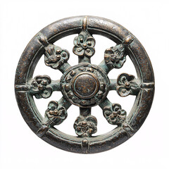 Obraz premium A weathered, circular metal ornament with floral details radiating from a central hub, exhibiting an antique, possibly religious design.