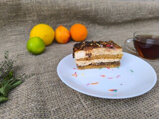 piece of delicious cake on a white plate. High quality photos
