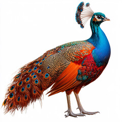 Obraz premium Vibrant peacock stands in profile, its iridescent blue neck contrasting with its warm-toned, patterned plumage and feathered crest.