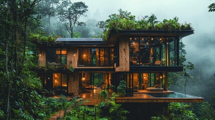 Rainforest eco-house, misty jungle setting, sustainable design, luxury retreat