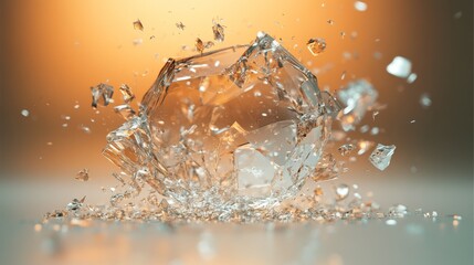 ransparent shattered glass sphere with dynamic orange background highlighting precision, breakage impact, and minimalist modern art