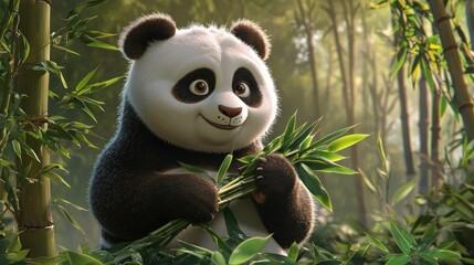 Obraz premium Adorable Panda in Bamboo Forest: A 3D Rendered Image