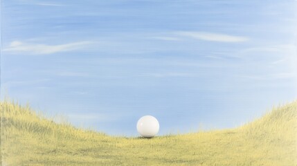 White Sphere on Grassy Knoll - A single white sphere rests on a gently sloping grassy hill under a bright blue sky. Simple, serene, and minimalist.