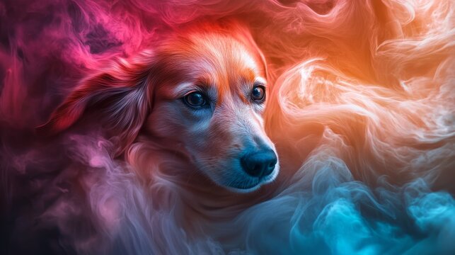 Adorable dog with colorful artistic smoke swirl in vibrant and dreamy gradient for creative pet photography or abstract fantasy theme
