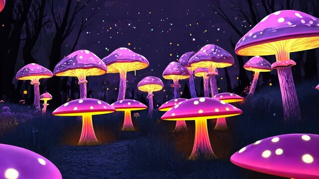 Colorful Cartoon Mushroom Illustration in Autumn Forest with Rain and Clouds