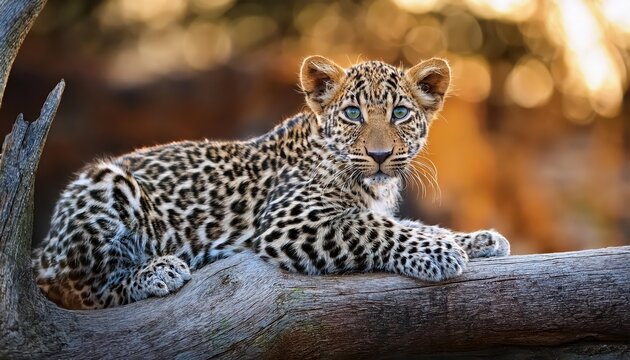 Serene Resting Leopard Perched on a Dead Tree in African Savannah at Sunset, Capturing the Majestic Beauty and Power of a Young Panthera Pardus.