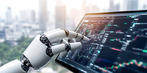 close-up, a modern ai robot's hand touching a digital touch screen with complex stock trading software, futuristic technology, robot finger 
