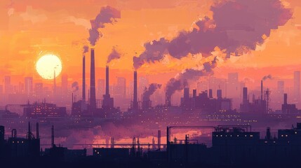 Fototapeta premium Smokestacks emit thick smoke into the sky as the sun sets behind a sprawling industrial landscape. The vibrant colors contrast with the dark silhouettes of factories