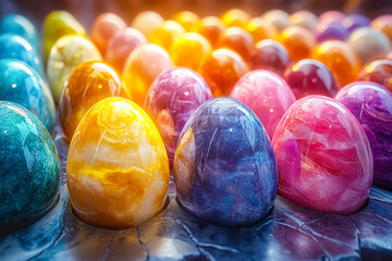 Colorful assortment of eggs are arranged in a tray. The eggs are of various colors, including yellow, orange, pink, and blue. The eggs are arranged in a way that they appear to be floating in water