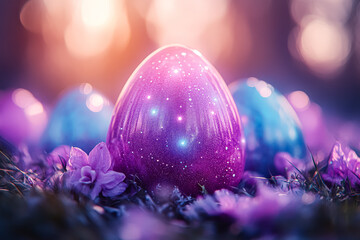 Purple and blue egg is surrounded by purple flowers. The egg is decorated with glitter and he is a part of a larger set of eggs. The scene is whimsical and playful, with the eggs