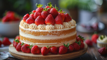 Closeup of strawberry fruit cake. Delicious sweet birthday celebration dessert food, tasty homemade fresh cheesecake.