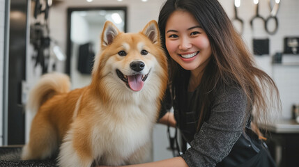 Cheerful Asian Female Dog Groomer Smiling at Camera While Grooming a Dog in a Professional Setting