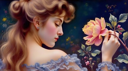 Fototapeta premium A beautiful painting of a woman elegantly holding a pink flower