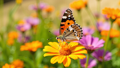 Obraz premium Butterfly resting on vibrant flower in blooming garden