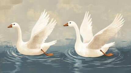 Obraz premium Two white geese floating gracefully on a pond.
