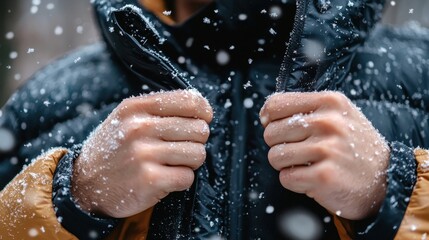 Fototapeta premium A person stands in a snowy city, adjusting their winter jacket as snowflakes fall around them. The scene captures the chill of a wintry day and the warmth of winter clothing