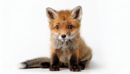 Charming Red Fox Cub with Fluffy Orange Fur and Inquisitive Eyes Basking in a Pure White Winter Wonderland