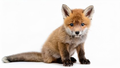 Charming Red Fox Cub with Fluffy Orange Fur and Inquisitive Eyes Perched against a pristine White Backdrop, Showcasing the Playful Nature of Woodland Wildlife