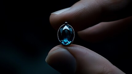 Hand holding blue gemstone, dark background, jewelry appraisal