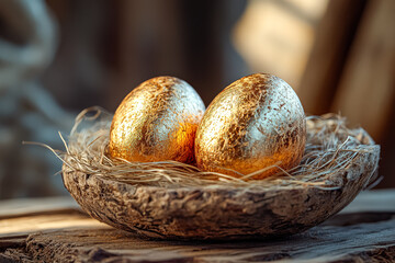 Fototapeta premium Two golden eggs are sitting in a basket. The basket is made of wood and has a rustic feel. The eggs are placed in the center of the basket, with the basket itself taking up most of the space