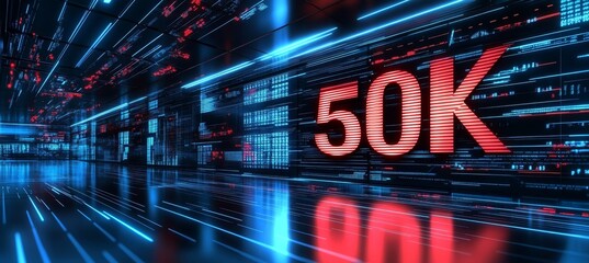 Glowing Red Digital Number 50K in a Futuristic Cyberspace with Abstract Speed Light Trails