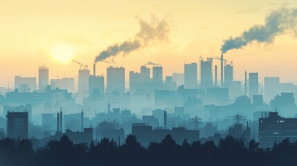 Factories dominate the skyline as smoke rises into the air, illuminated by the orange hues of the setting sun, creating a serene yet industrial landscape