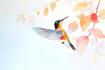 This delicate illustration of a hummingbird in flight blends fine lines and soft pastel tones, evoking a sense of freedom, lightness, and serene harmony with a modern artistic touch
