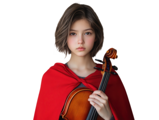 Asian girl with superhero cape and toy violin, focused expression, dreaming of becoming a violinist. PNG transparent.