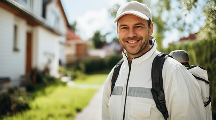 Professional Exterminator Smiling Confidently While Looking at Camera, White Man in Work Uniform, Pest Control Specialist, Friendly Expression