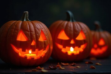 Fototapeta premium Intricately carved pumpkins with flickering candle flames within , shadows, fall decorations