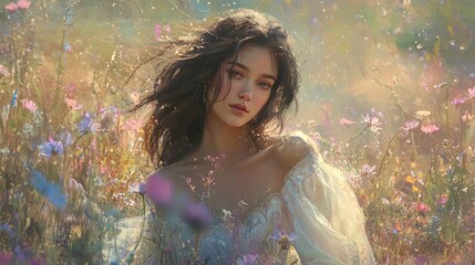 Dreamlike Woman in a Flower Field