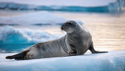 Naklejka premium Majestic Adult Weddell Seal Leptonychotes weddellii Amidst Antarctic Ice Capes at Twilight, Capturing the Serene Beauty of the Southern Wilderness