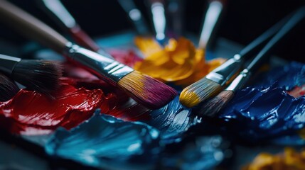 Fototapeta premium A painting palette with a variety of paintbrushes and paint colors