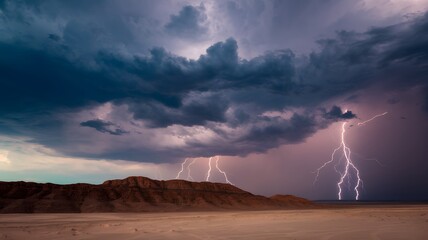 Lightning strikes illuminate dark clouds over desert landscape during a thunderstorm in the late afternoon Generative, Ai 