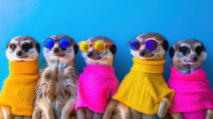 Creative animal concept. A group, vibrant bright fashionable outfits isolated on solid background advertisement, copy text space. birthday party invite invitation banner.