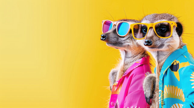 Creative animal concept. A group, vibrant bright fashionable outfits isolated on solid background advertisement, copy text space. birthday party invite invitation banner.