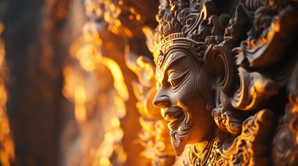 Intricate Carved Stone Face with Warm Light and Shadow Play