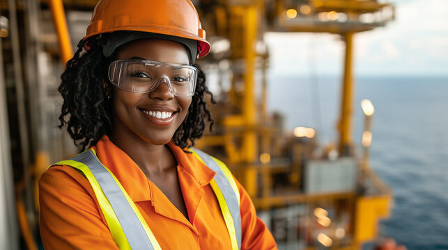 Confident Black Woman Oil Rig Worker Smiling with Helmet and Safety Gear in Industrial Setting