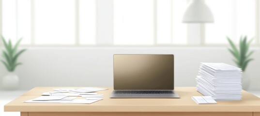 Fototapeta premium Laptop showing empty screen on desk with stack of envelopes and scattered papers in modern office