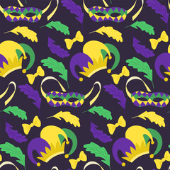 Seamless pattern with colorful Mardi Gras masks, jester hats, feathers, and bows in purple, green, and yellow on a dark background. Vector holiday hand drawn illustration