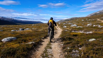 Fototapeta premium A man is riding a bike on a dirt road in a grassy field