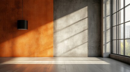 Modern Interior Design with Orange and Gray Wall and Sunlit Window