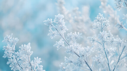 Naklejka premium The frost-covered branches create a still, serene winter landscape where the icy blues evoke a sense of calm and the beauty of a chilly season.
