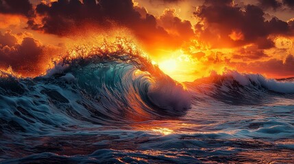 A stunning sunset over turbulent ocean waves, showcasing nature's beauty.