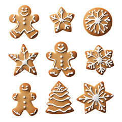 Gingerbread christmas snowflake star santa man tree cookie biscuit  cutout. PNG file. Many assorted different design. Mockup template for artwork design png on transparent background