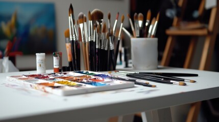 A table with a variety of art supplies including paintbrushes, paints